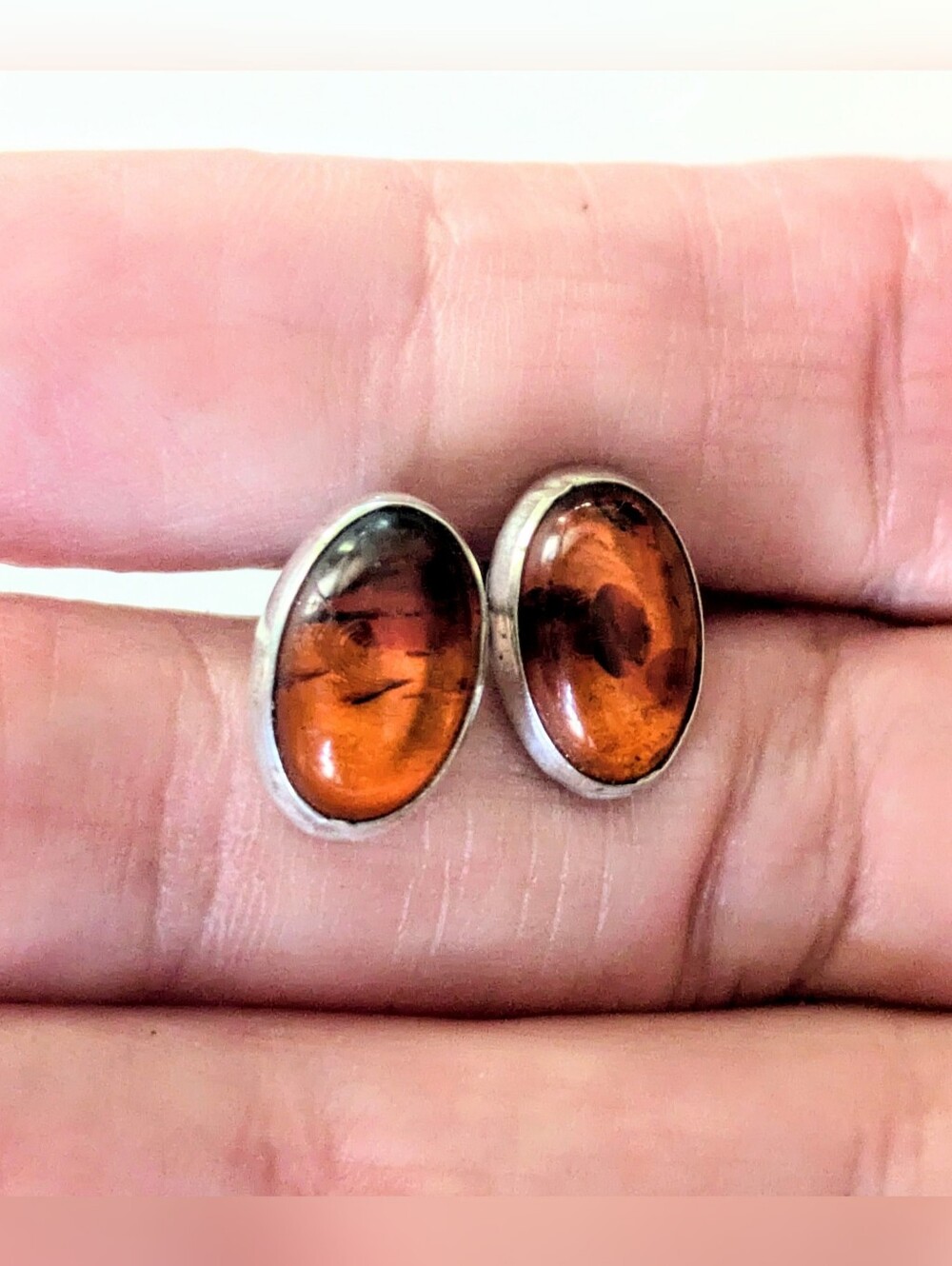 Vintage Sterling Silver Cognac Baltic Amber Bezel Set Cabachon Stud Earrings